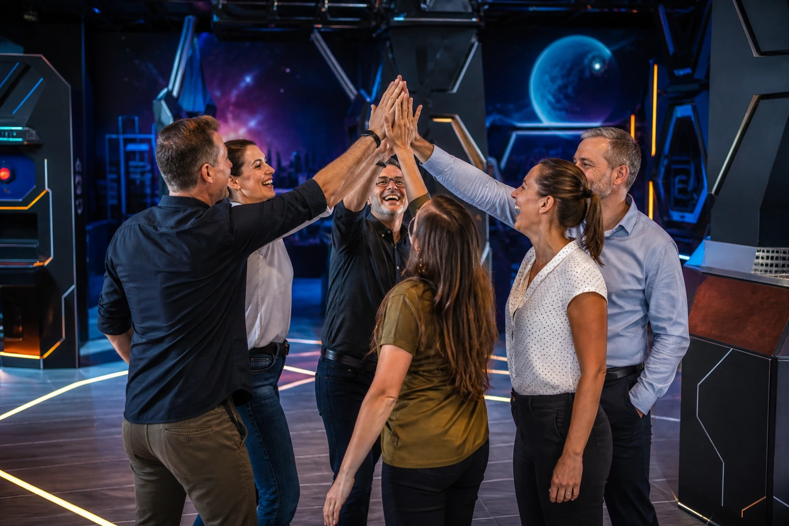 Erwachsenes Firmenteam feiert gemeinsam den Abschluss einer Team-Challenge