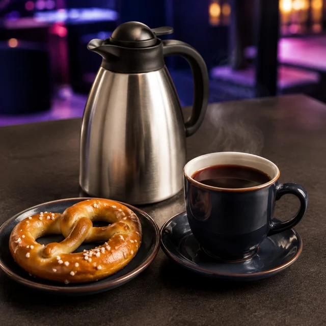 Beispielbild der Eltern-Pause mit Thermoskanne Kaffee, Tasse und Brezel
